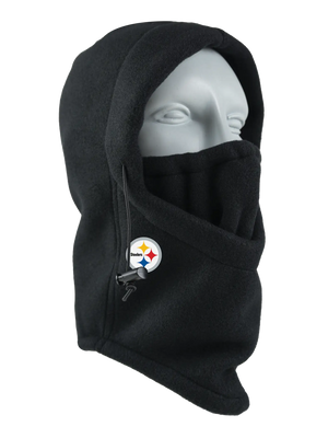 A black fleece hood with a drawstring closure and a Steelers logo embroidered on the side, shown against a plain white background