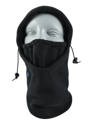 A black fleece hood with a drawstring closure and a Bills logo embroidered on the side, shown against a plain white background