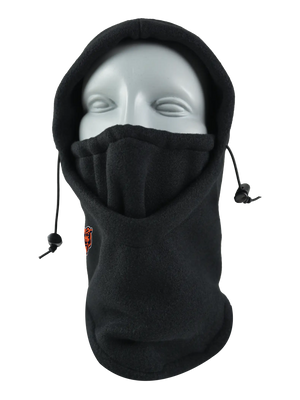 A black fleece hood with a drawstring closure and a Bears logo embroidered on the side, shown against a plain white background