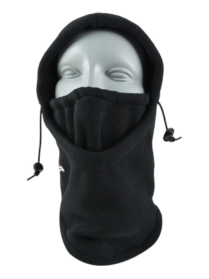 A black fleece hood with a drawstring closure and a Broncos logo embroidered on the side, shown against a plain white background