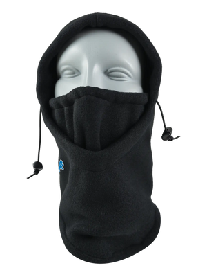 A black fleece hood with a drawstring closure and a Lions logo embroidered on the side, shown against a plain white background