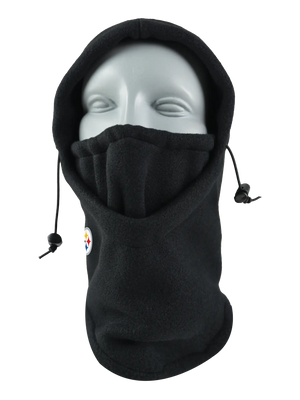 A black fleece hood with a drawstring closure and a Steelers logo embroidered on the side, shown against a plain white background