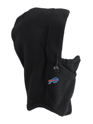 A black fleece hood with a drawstring closure and a Bills logo embroidered on the side, shown against a plain white background