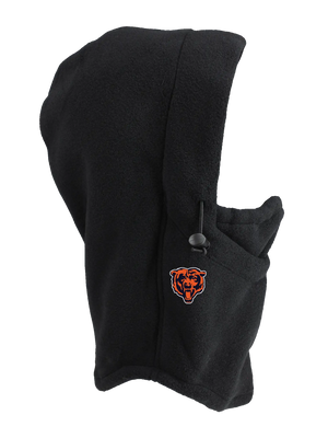 A black fleece hood with a drawstring closure and a Bears logo embroidered on the side, shown against a plain white background