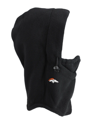 A black fleece hood with a drawstring closure and a Broncos logo embroidered on the side, shown against a plain white background