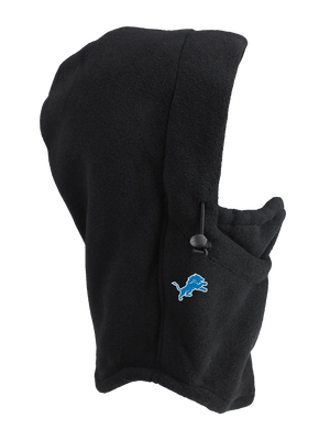A black fleece hood with a drawstring closure and a Lions logo embroidered on the side, shown against a plain white background