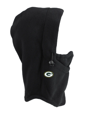 A black fleece hood with a drawstring closure and a Packers logo embroidered on the side, shown against a plain white background