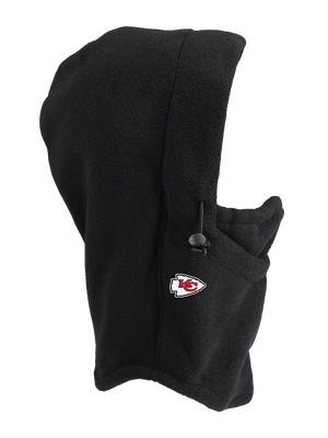 A black fleece hood with a drawstring closure and a Chiefs logo embroidered on the side, shown against a plain white background