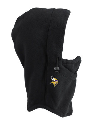 A black fleece hood with a drawstring closure and a Vikings logo embroidered on the side, shown against a plain white background.