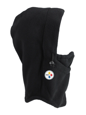 A black fleece hood with a drawstring closure and a Steelers logo embroidered on the side, shown against a plain white background