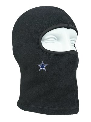 A black fleece balaclava mask with a cutout for the eyes and nose, featuring a blue and white Dallas Cowboys star logo on the right cheek, displayed on a white mannequin head against a white background.