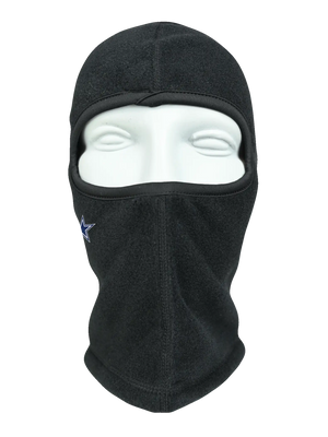 A black fleece balaclava mask with a cutout for the eyes and nose, featuring a blue and white Dallas Cowboys star logo on the right cheek, displayed on a white mannequin head against a white background.