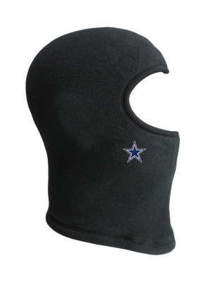 Black balaclava with a Dallas Cowboys logo on the right cheek with the product on a white background