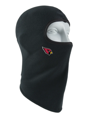 A black fleece balaclava mask featuring a Cardinals logo on the side, shown against a plain white background.