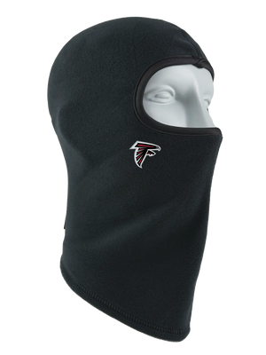 A black fleece balaclava mask featuring a Falcons logo on the side, shown against a plain white background.