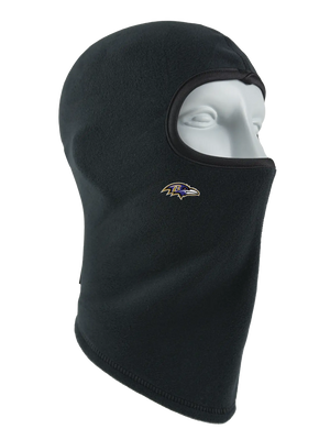 A black fleece balaclava mask featuring a Ravens logo on the side, shown against a plain white background.