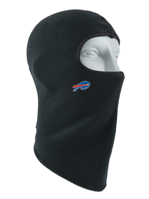 A black fleece balaclava mask featuring a Bills logo on the side, shown against a plain white background.