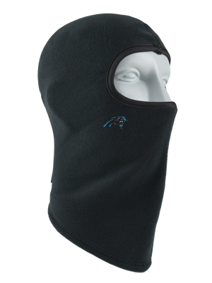 A black fleece balaclava mask featuring a Panthers logo on the side, shown against a plain white background.