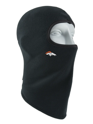 A black fleece balaclava mask featuring a Broncos logo on the side, shown against a plain white background.