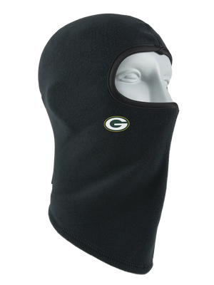 A black fleece balaclava mask featuring a Packers logo on the side, shown against a plain white background.
