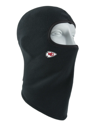 A black fleece balaclava mask featuring a Chiefs logo on the side, shown against a plain white background.