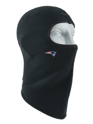 A black fleece balaclava mask featuring a Patriots logo on the side, shown against a plain white background.
