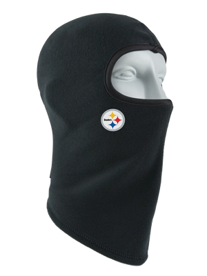 A black fleece balaclava mask featuring a Steelers logo on the side, shown against a plain white background.