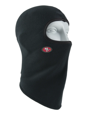 A black fleece balaclava mask featuring a 49ers logo on the side, shown against a plain white background.