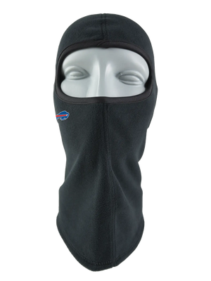 A black fleece balaclava mask featuring a Bills logo on the side, shown against a plain white background.