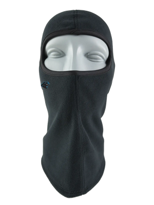 A black fleece balaclava mask featuring a Panthers logo on the side, shown against a plain white background.