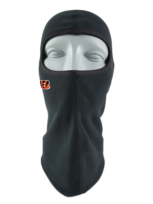 A black fleece balaclava mask featuring a Bengals logo on the side, shown against a plain white background.