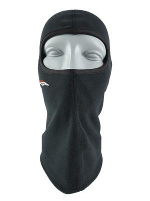 A black fleece balaclava mask featuring a Broncos logo on the side, shown against a plain white background.