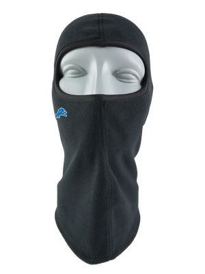 A black fleece balaclava mask featuring a Lions logo on the side, shown against a plain white background.