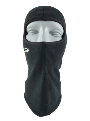 A black fleece balaclava mask featuring a Packers logo on the side, shown against a plain white background.