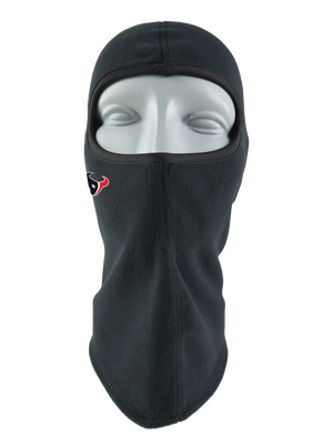 A black fleece balaclava mask featuring a Texans logo on the side, shown against a plain white background.