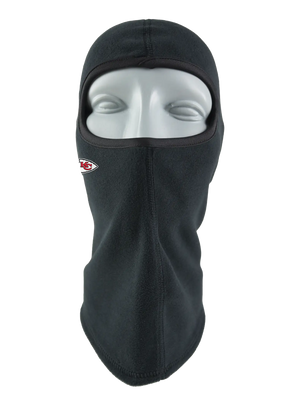 A black fleece balaclava mask featuring a Chiefs logo on the side, shown against a plain white background.