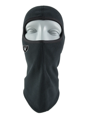 A black fleece balaclava mask featuring a Raiders logo on the side, shown against a plain white background.