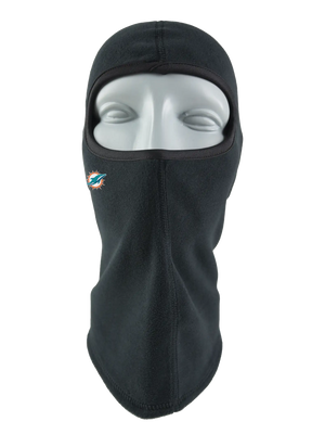 A black fleece balaclava mask featuring a Dolphins logo on the side, shown against a plain white background.