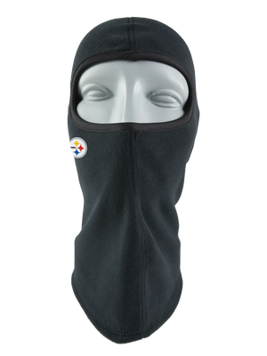 A black fleece balaclava mask featuring a Steelers logo on the side, shown against a plain white background.