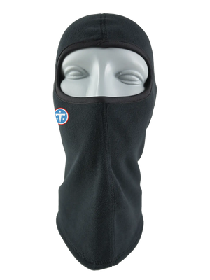 A black fleece balaclava mask featuring a Titans logo on the side, shown against a plain white background.