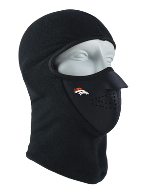 Black balaclava with a Broncos logo on a white background