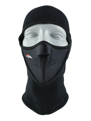 Black balaclava with a Broncos logo on a white background
