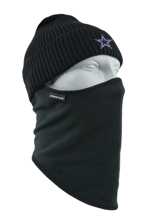A black knit beanie with a white and blue Dallas Cowboys star logo on the forehead, displayed on a white mannequin head with a black fleece balaclava mask attached, against a plain white background.