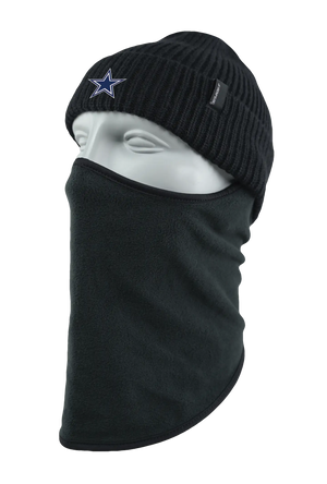 A black knit beanie with a white and blue Dallas Cowboys star logo on the forehead, displayed on a white mannequin head with a black fleece balaclava mask attached, against a plain white background.