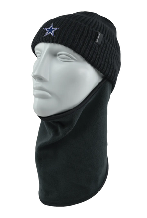 A black knit beanie with a white and blue Dallas Cowboys star logo on the forehead, displayed on a white mannequin head with a black fleece balaclava mask attached, against a plain white background.