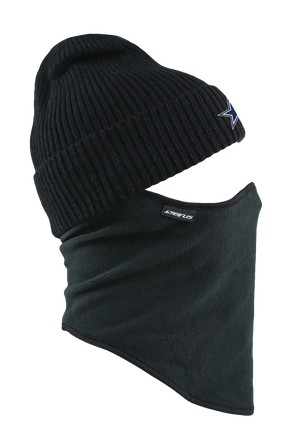 A black knit beanie with a white and blue Dallas Cowboys star logo on the forehead, with a black fleece balaclava mask attached, against a plain white background.