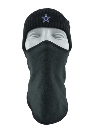 A black knit beanie with a white and blue Dallas Cowboys star logo on the forehead, displayed on a white mannequin head with a black fleece balaclava mask attached, against a plain white background.