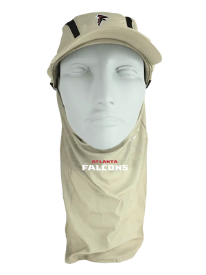 Tan ball cap with neck tube, Falcons logo on front, Atlanta Falcons text on neck tube