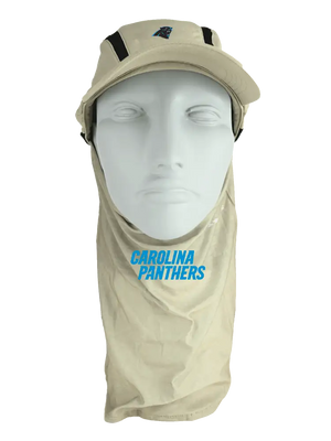 Tan ball cap with neck tube, Panthers logo on front, Carolina Panthers text on neck tube.
