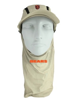 Tan ball cap with neck tube, Bears logo on front, Chicago Bears text on neck tube.